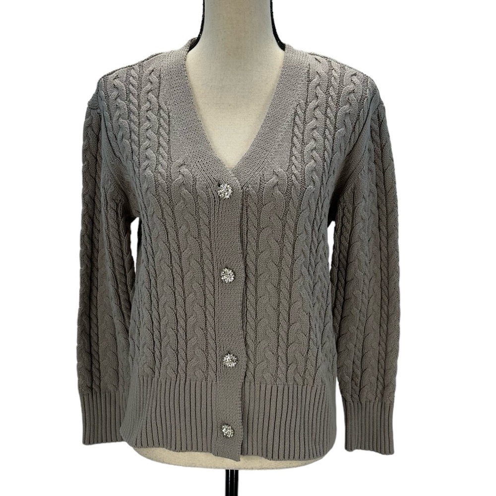 Anne Klein Long Sleeve Cable Knit Cardigan Sweater - Grey - size Small